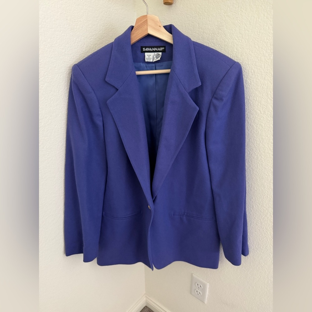 SAVANNAH vintage 80s cobalt blue 100% wool blazer golden button size 10